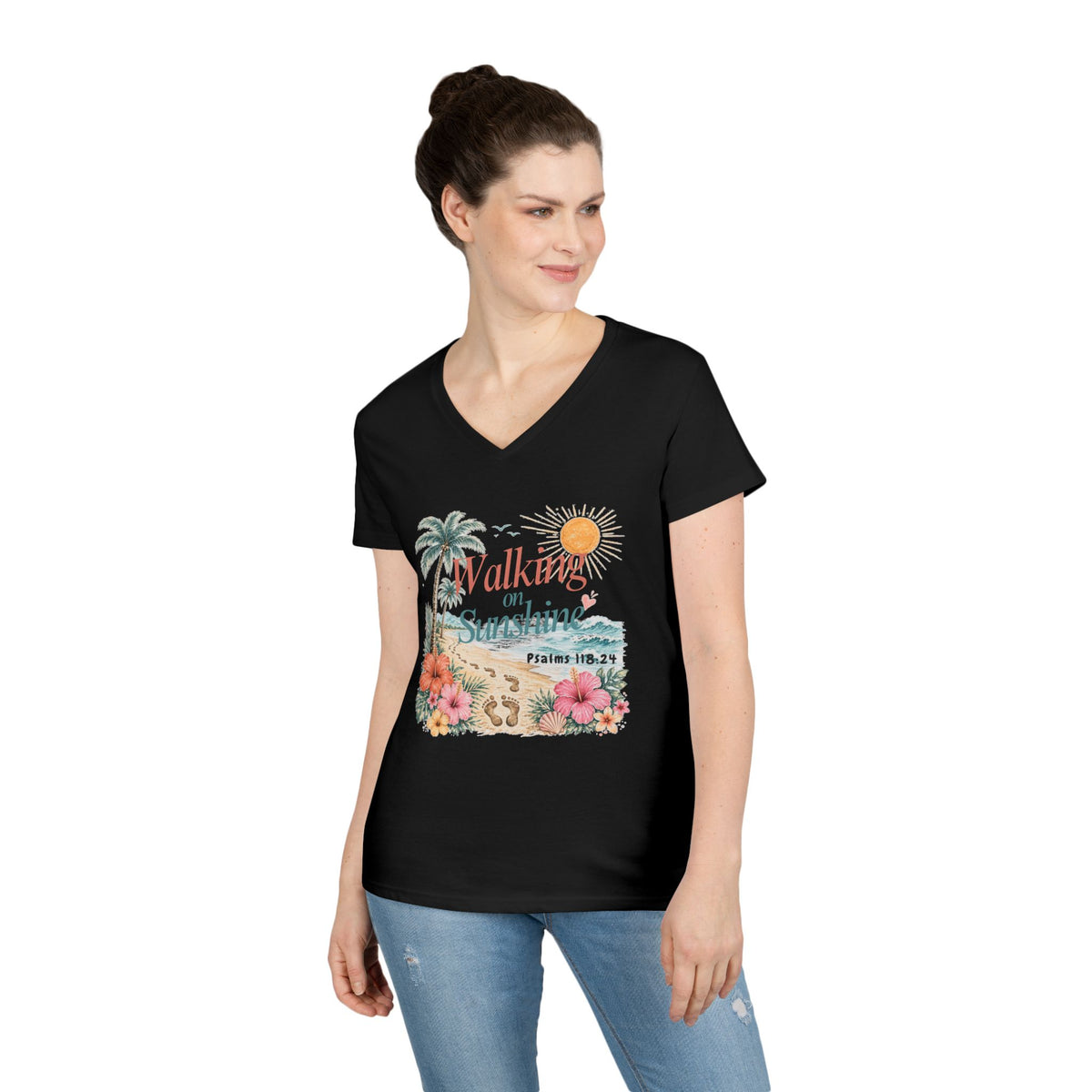 Walking on Sunshine V-Neck T-Shirt — Floral Beach Christian Psalm Tee