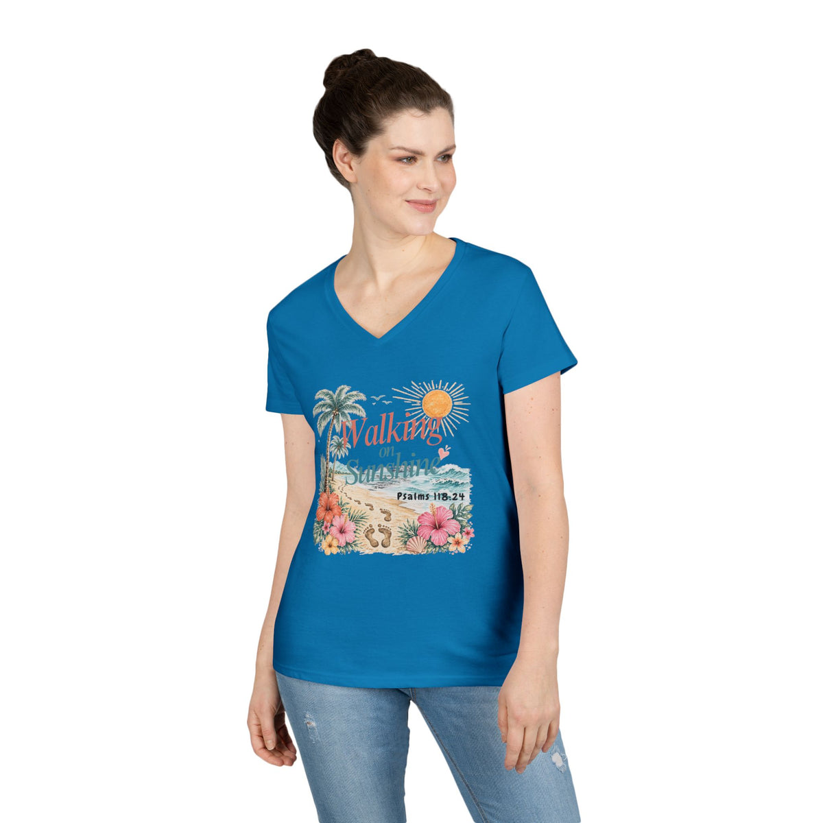 Walking on Sunshine V-Neck T-Shirt — Floral Beach Christian Psalm Tee