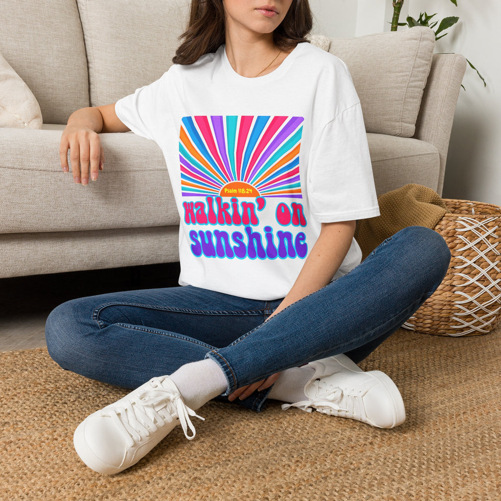 Walkin' On Sunshine Lords Glory with Lori Psalm 118:24 Retro T-Shirt — 70s Rainbow Sun Graphic Tee