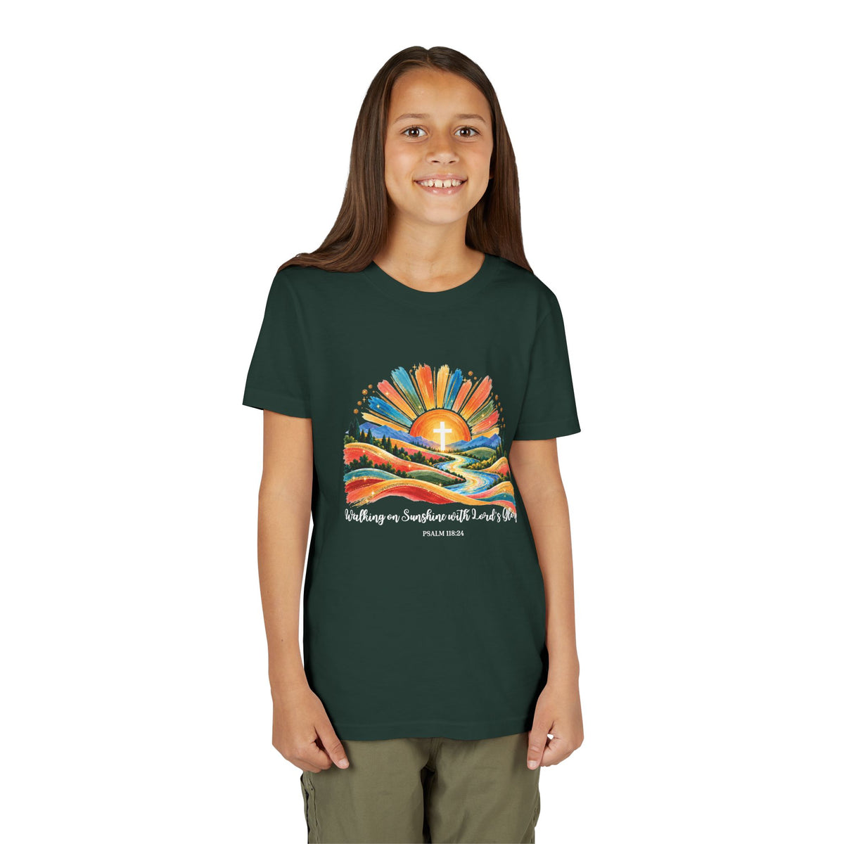 Youth Short Sleeve Tee – Walking On Sunshine with Lords Colorful Christian Sunrise Faith Shirt