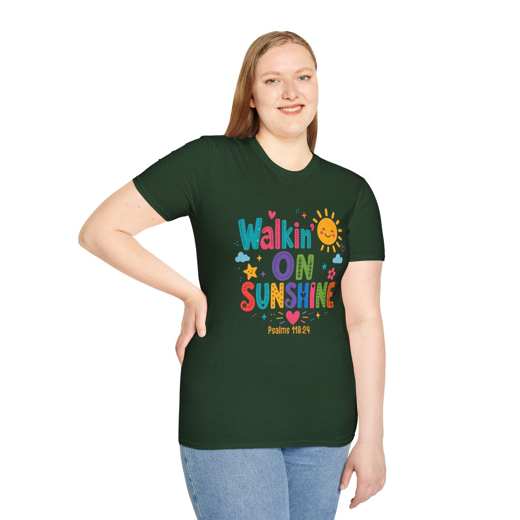T-Shirt — "Walkin' on Sunshine" Bright Retro Sun Graphic Tee ‭‭Psalms‬ ‭118‬:‭24‬ ‭