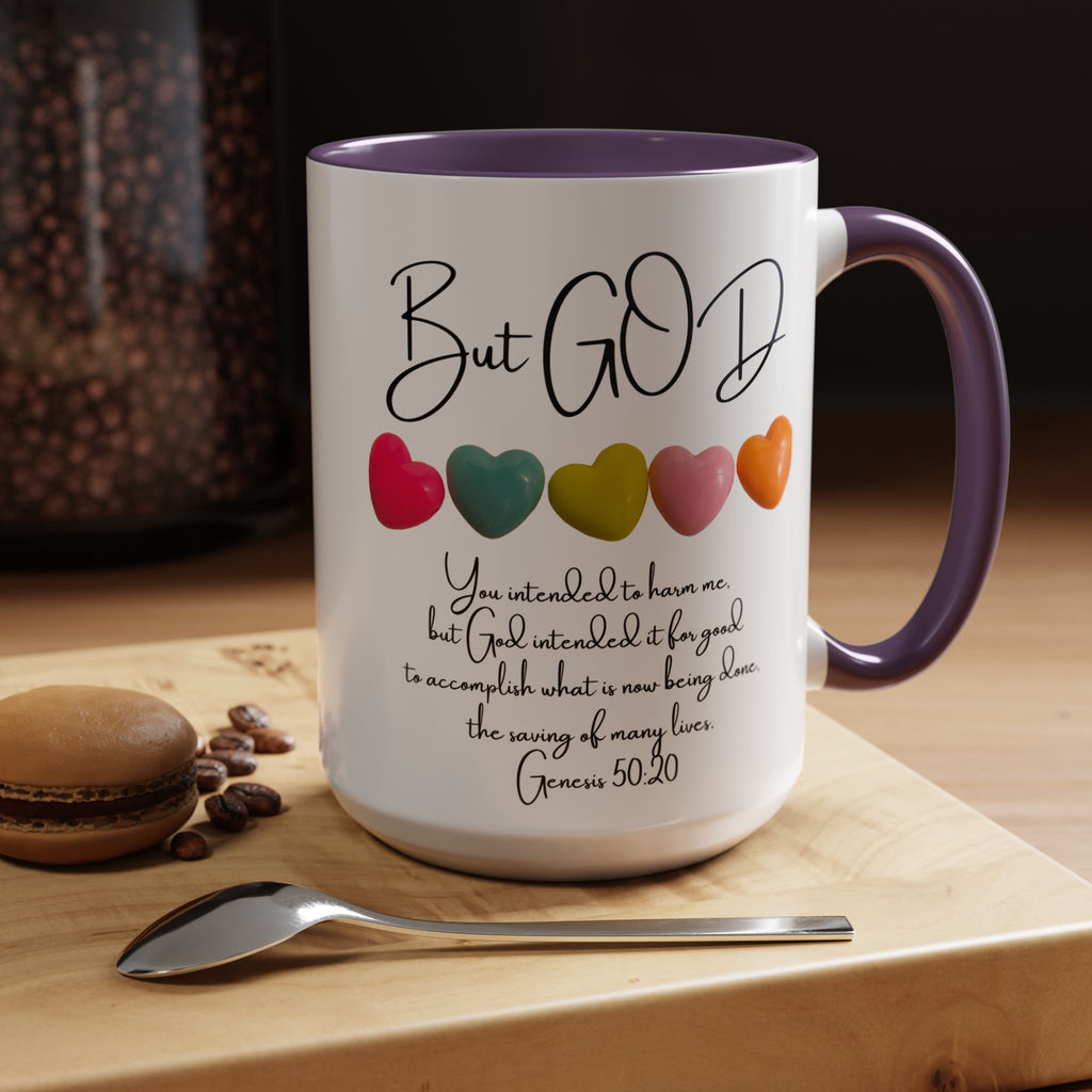 But God Scripture Coffee Mug — Genesis 50:20 Inspirational Heart Accent Mug (11/15oz)