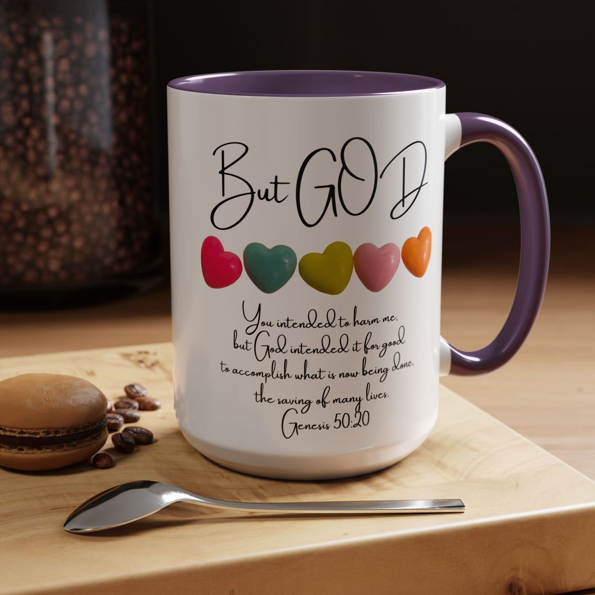 But God Scripture Coffee Mug — Genesis 50:20 Inspirational Heart Accent Mug (11/15oz)