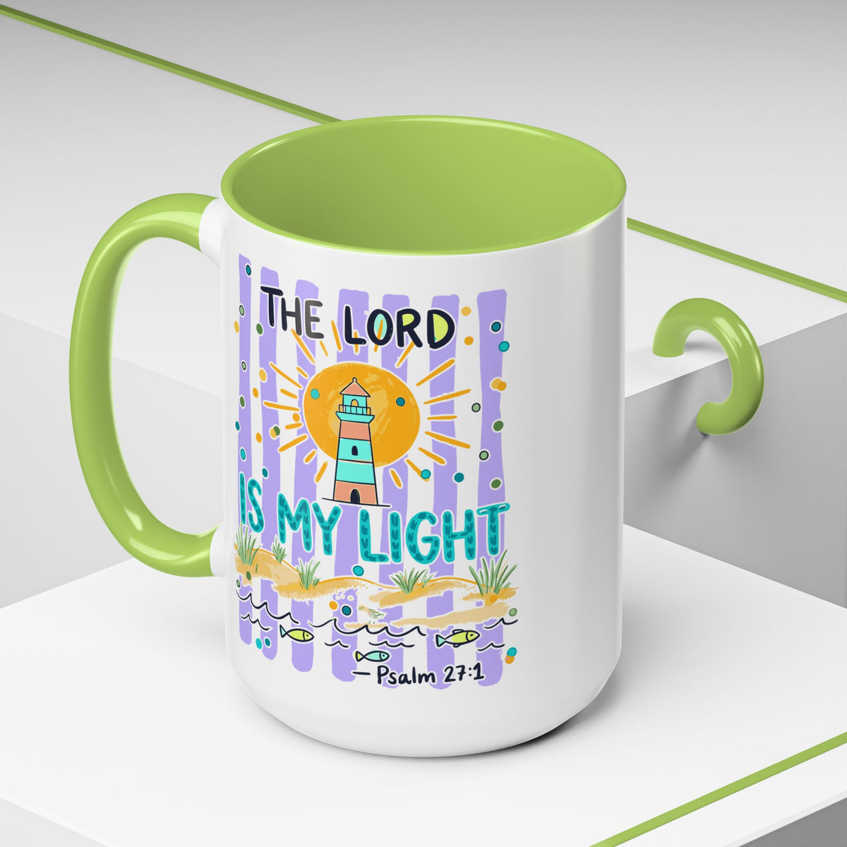 Accent Coffee Mug — “The Lord Is My Light” Lighthouse Bible Verse (Psalm 27:1)