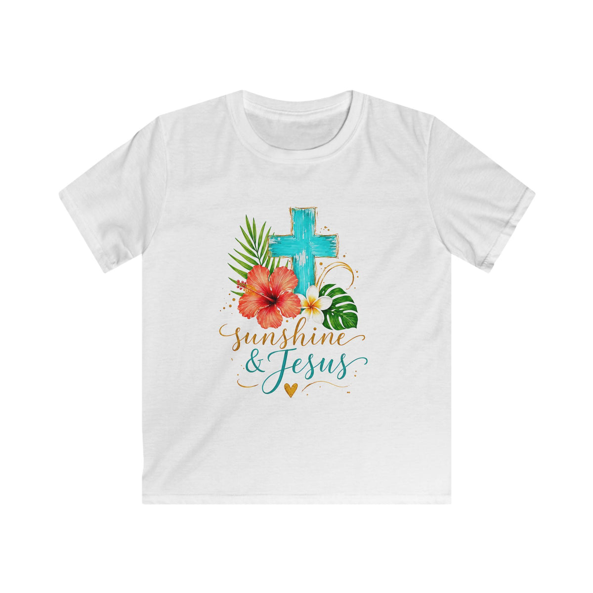 Kids Tee — Sunshine & Jesus Floral Cross Christian Graphic
