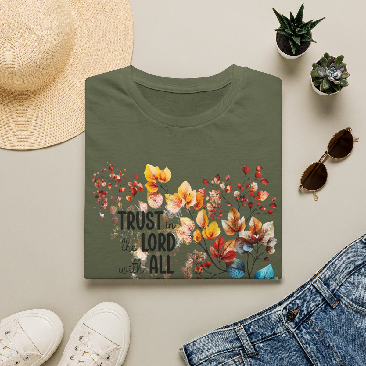 Trust the Lord with All Your Heart T-Shirt | Floral Scripture Design