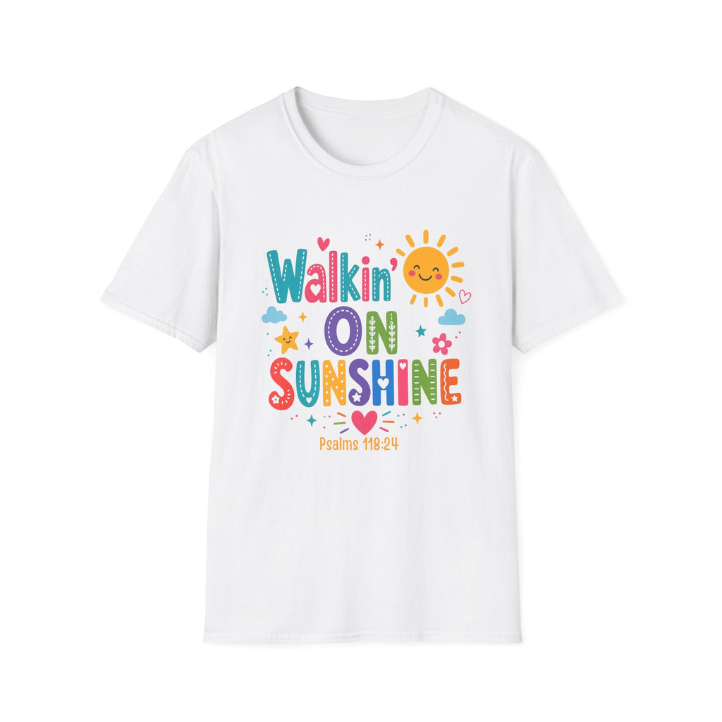T-Shirt — "Walkin' on Sunshine" Bright Retro Sun Graphic Tee ‭‭Psalms‬ ‭118‬:‭24‬ ‭