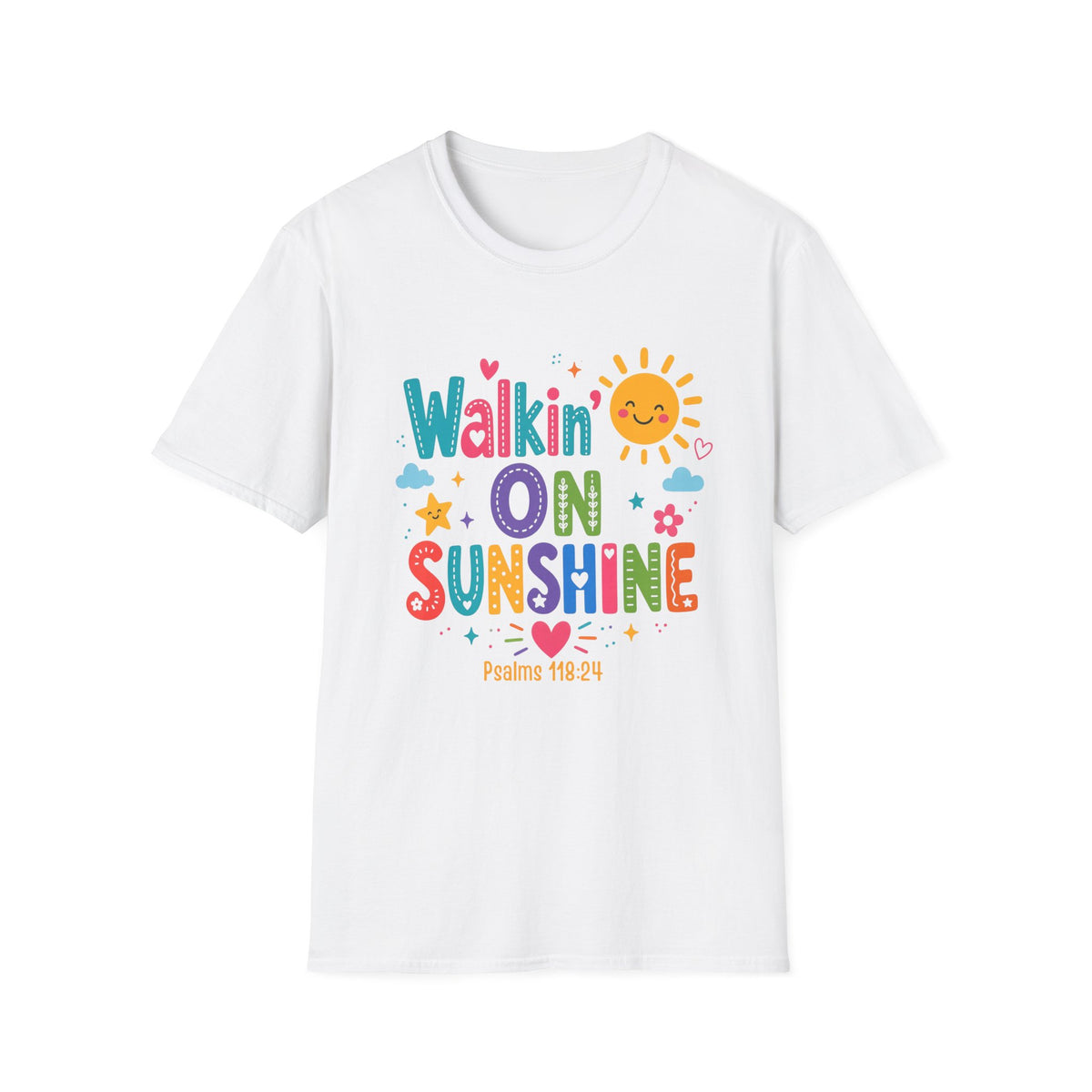 T-Shirt — "Walkin' on Sunshine" Bright Retro Sun Graphic Tee ‭‭Psalms‬ ‭118‬:‭24‬ ‭