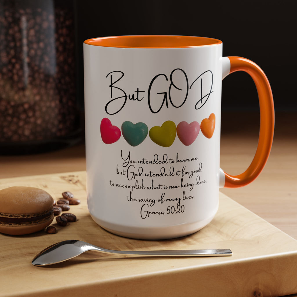 But God Scripture Coffee Mug — Genesis 50:20 Inspirational Heart Accent Mug (11/15oz)