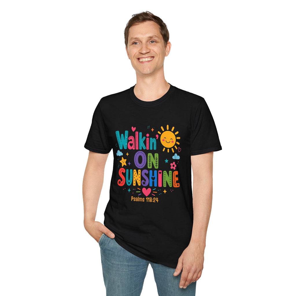 T-Shirt — "Walkin' on Sunshine" Bright Retro Sun Graphic Tee ‭‭Psalms‬ ‭118‬:‭24‬ ‭