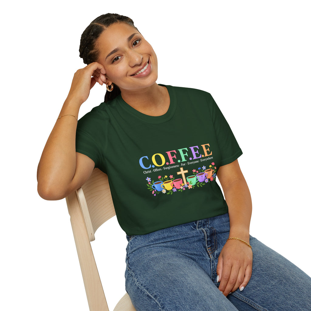 Coffee Lover Floral Graphic - C.o.f.f.e.e. (Christ - Offers - Forgiveness - For Everyone - Everywhere)  Softstyle T-Shirt