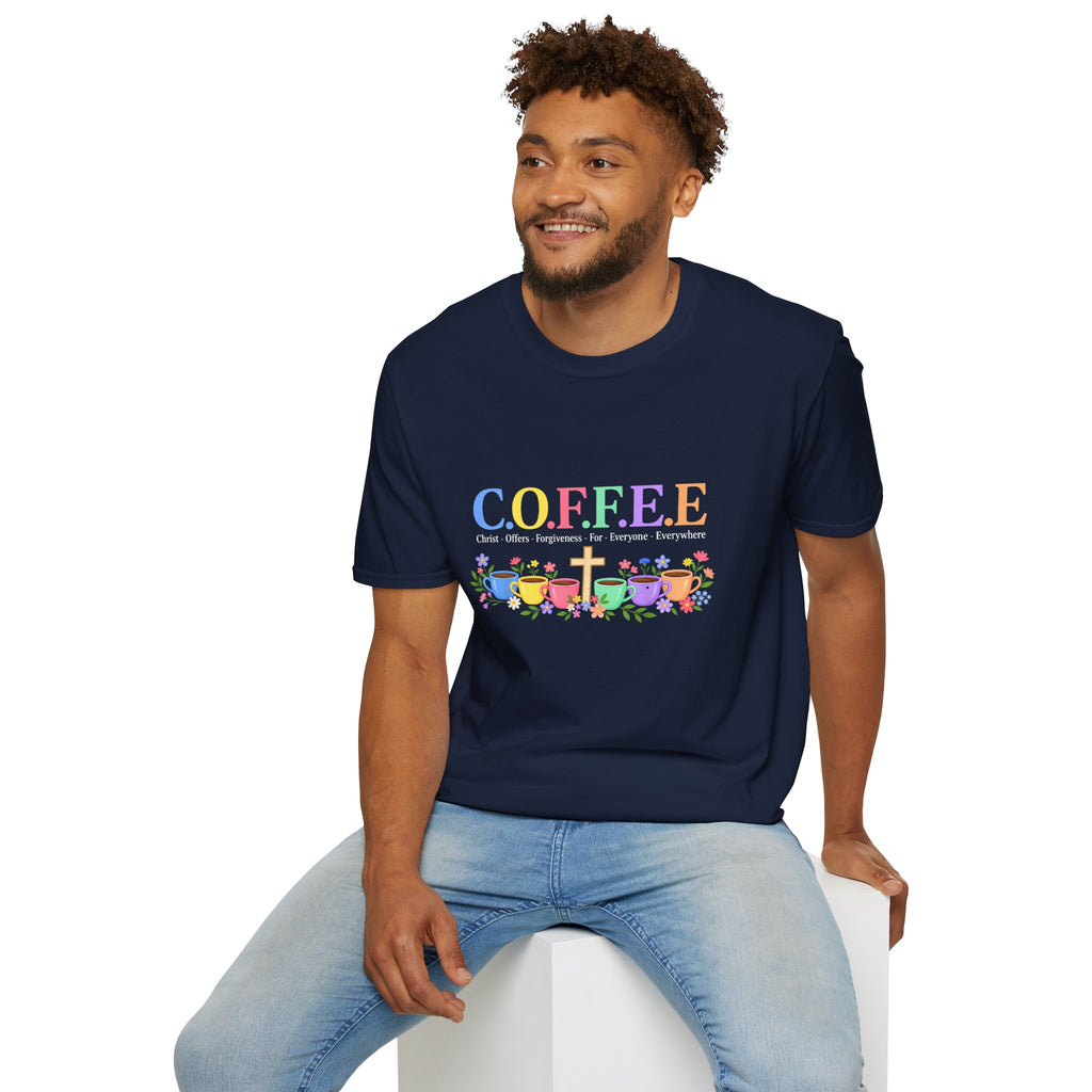 Coffee Lover Floral Graphic - C.o.f.f.e.e. (Christ - Offers - Forgiveness - For Everyone - Everywhere)  Softstyle T-Shirt