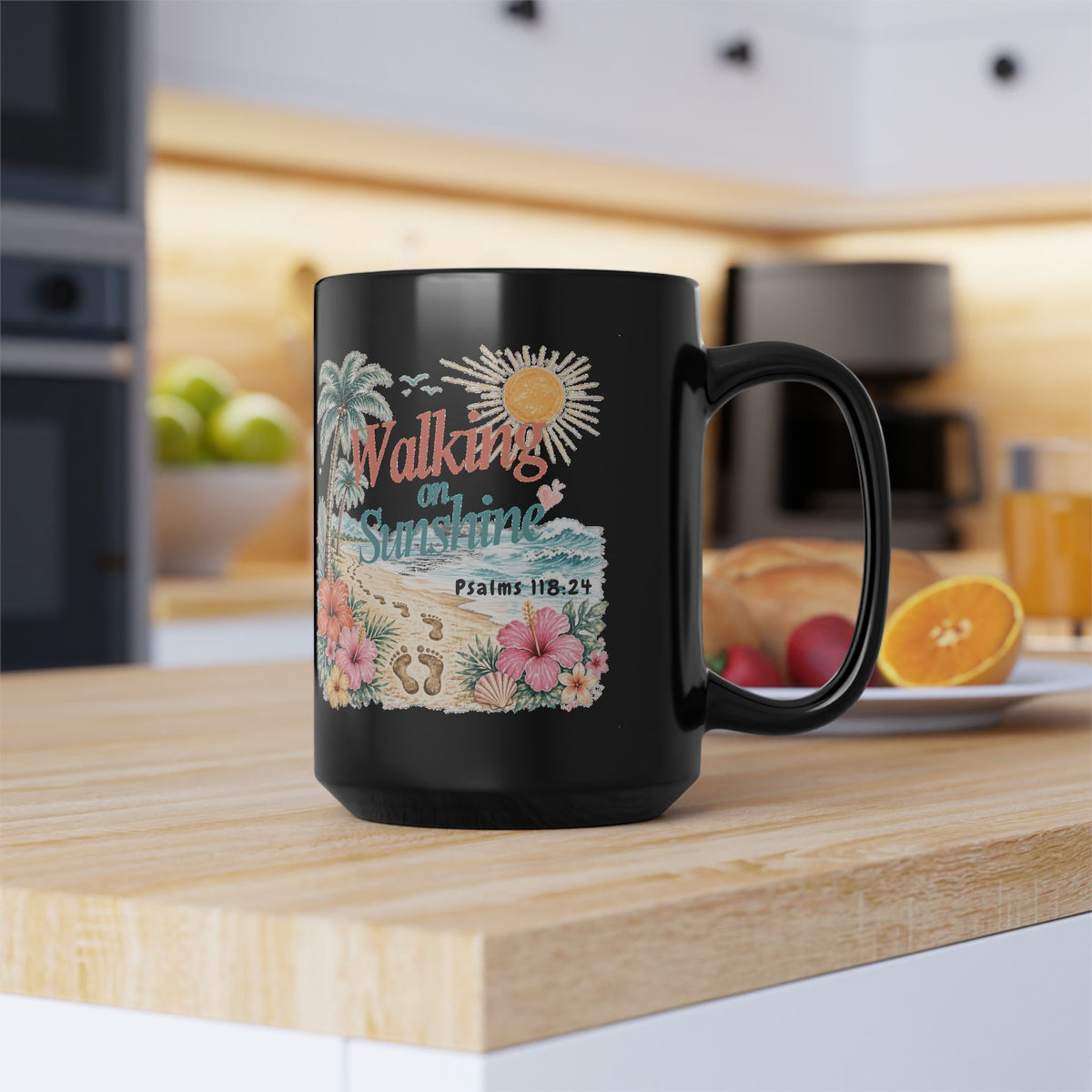Walking on Sunshine Black Mug — Inspirational Palm Beach Coffee Cup (Psalm 118:24)