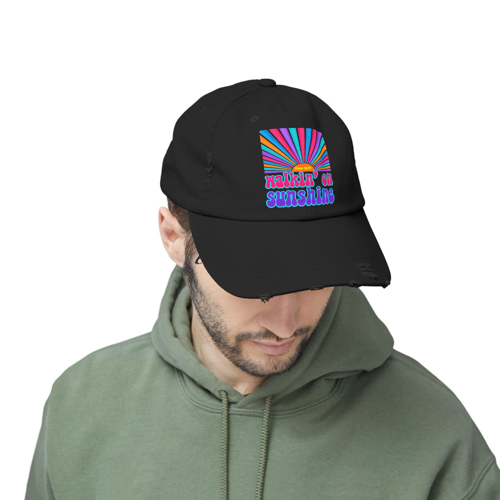Walking On Sunshine Distressed Cap — Lords Glory with Lori Retro Rainbow Sun Trucker Hat