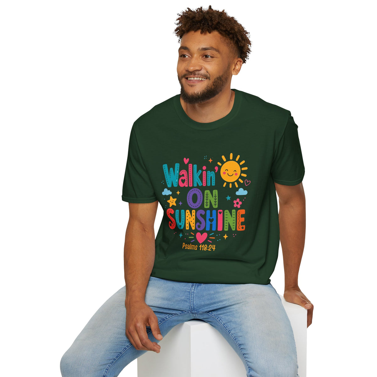 T-Shirt — "Walkin' on Sunshine" Bright Retro Sun Graphic Tee ‭‭Psalms‬ ‭118‬:‭24‬ ‭