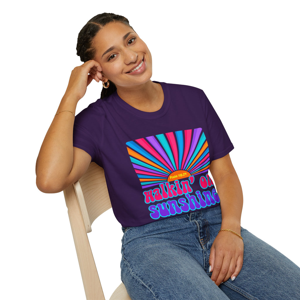 Walkin' On Sunshine Lords Glory with Lori Psalm 118:24 Retro T-Shirt — 70s Rainbow Sun Graphic Tee