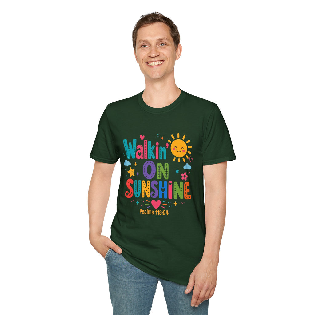 T-Shirt — "Walkin' on Sunshine" Bright Retro Sun Graphic Tee ‭‭Psalms‬ ‭118‬:‭24‬ ‭