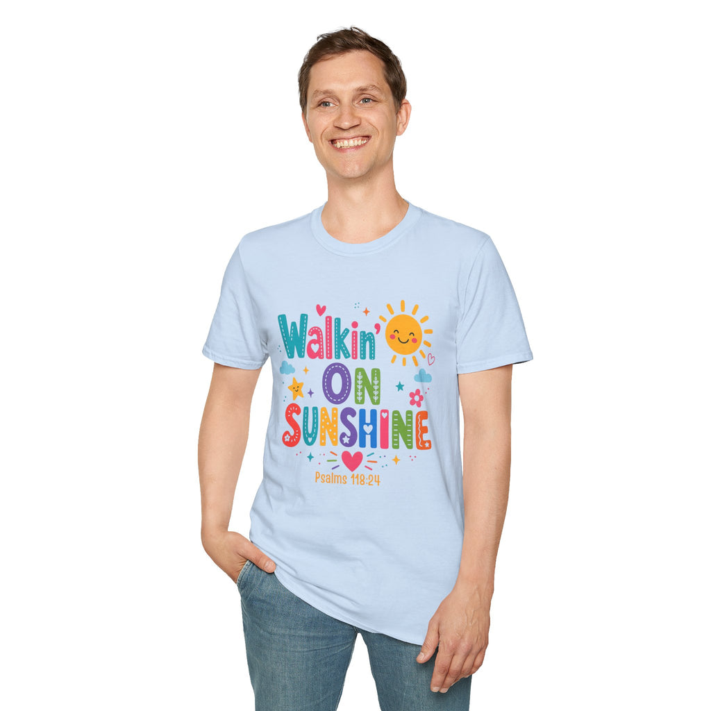 T-Shirt — "Walkin' on Sunshine" Bright Retro Sun Graphic Tee ‭‭Psalms‬ ‭118‬:‭24‬ ‭