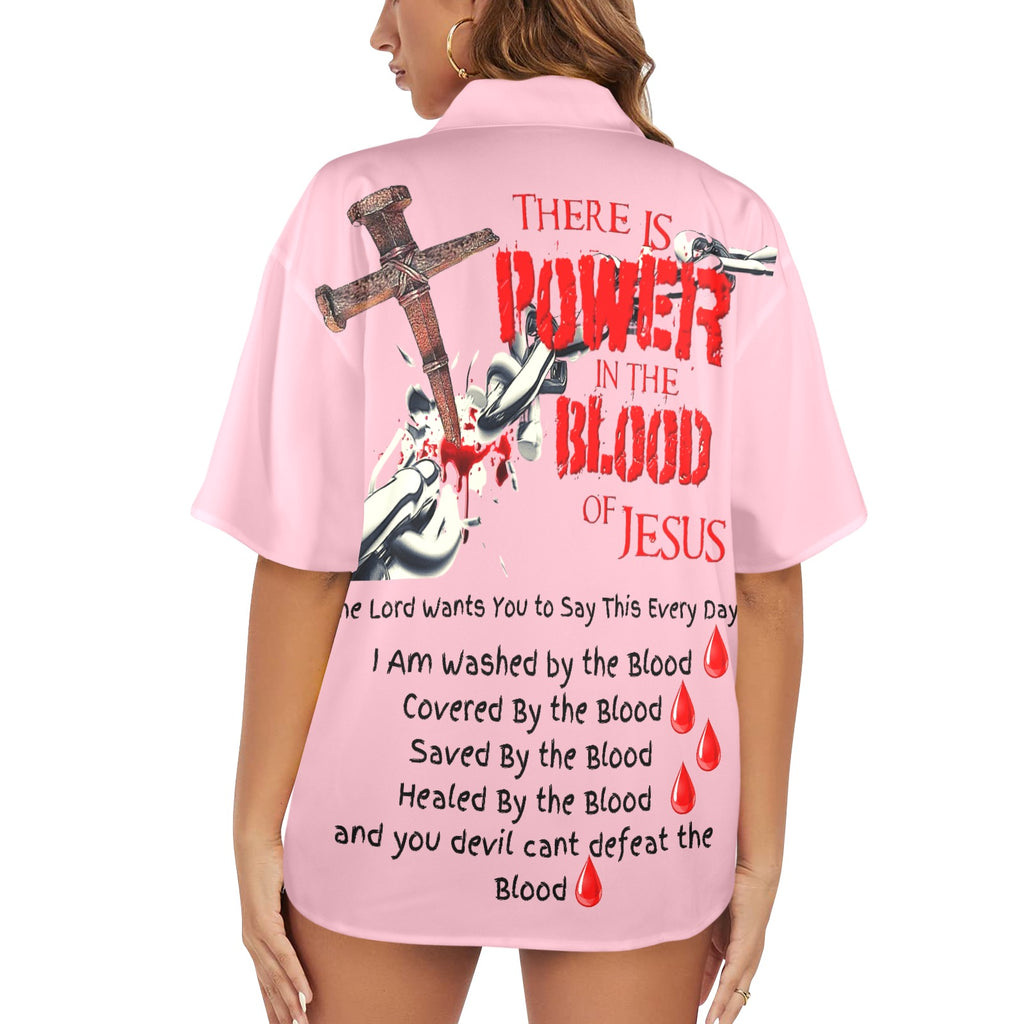 There is Power in the Blood of Jesus Women's All Over Print Hawaiian Shirt （Made in USA Ships to USA Only）