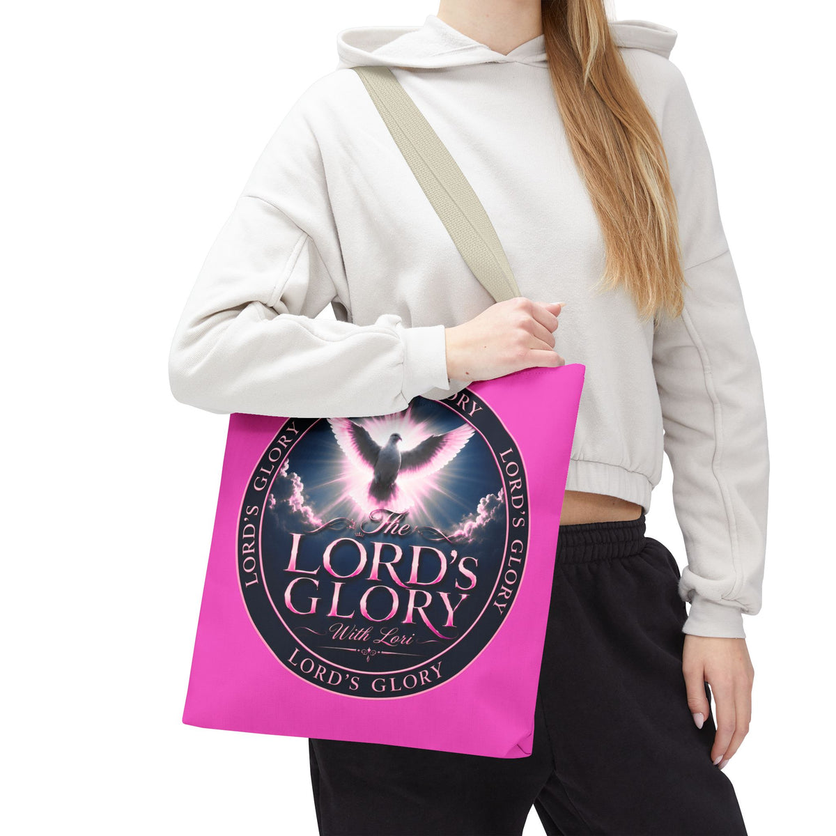 Religious Tote Bag - "The Lord's Glory with Lori" Pink All-Over-Print Christian Tote