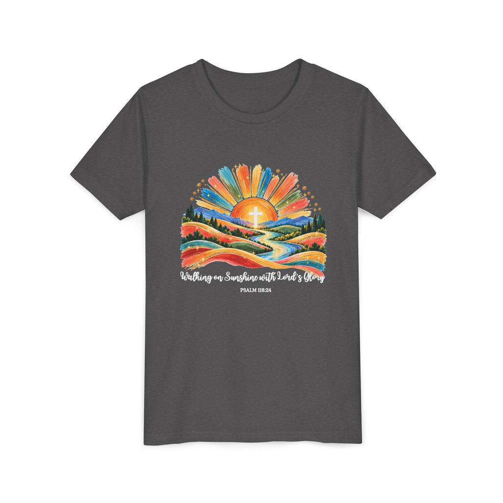 Youth Short Sleeve Tee – Walking On Sunshine with Lords Colorful Christian Sunrise Faith Shirt