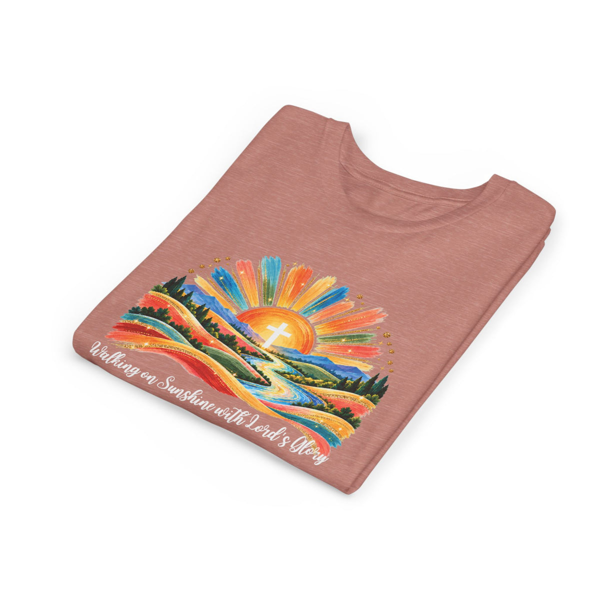 Youth Short Sleeve Tee – Walking On Sunshine with Lords Colorful Christian Sunrise Faith Shirt