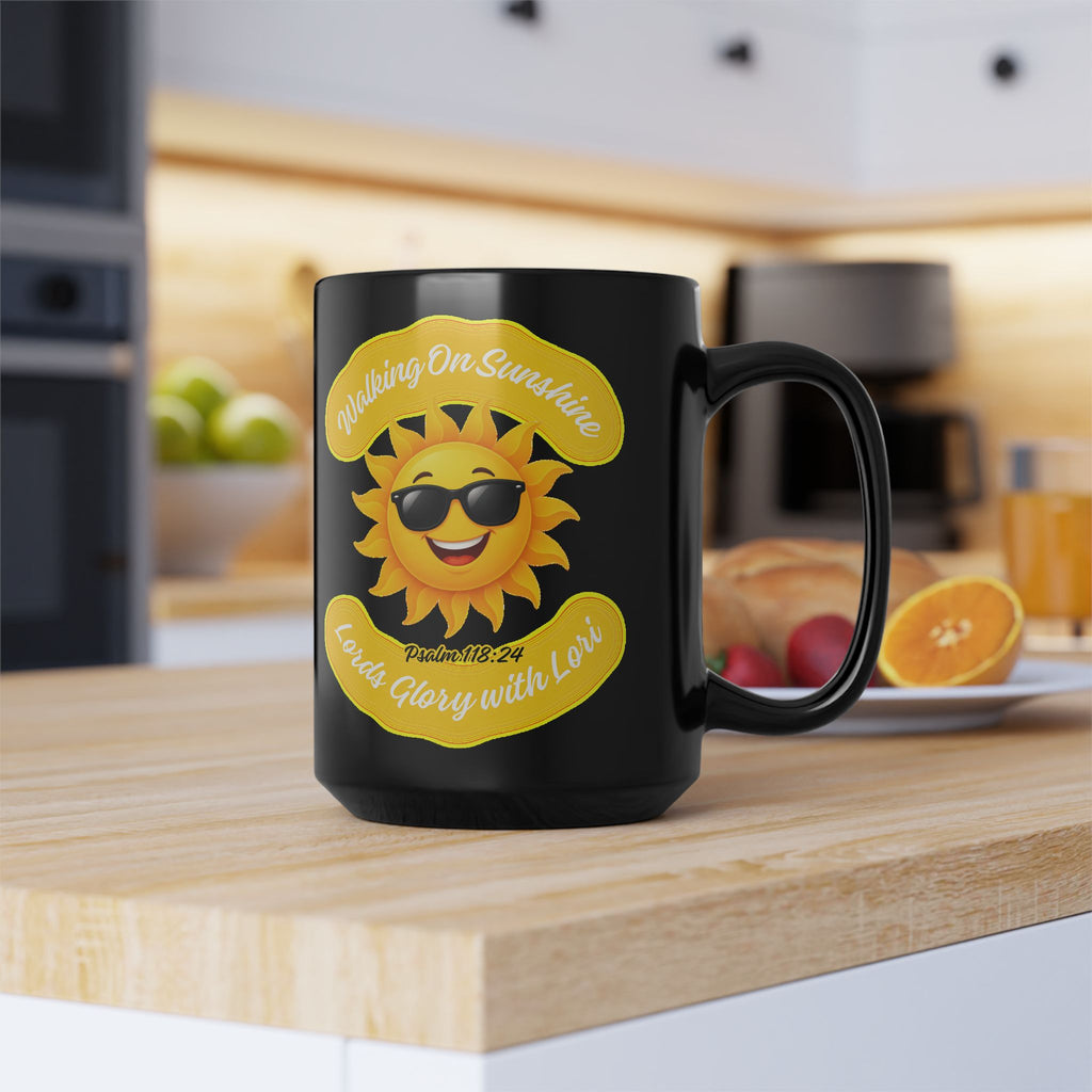Walking On Sunshine Black Mug — Sunny Smiley Sun with Sunglasses, "Loved Glory with Love" Coffee Cup (11oz/15oz)