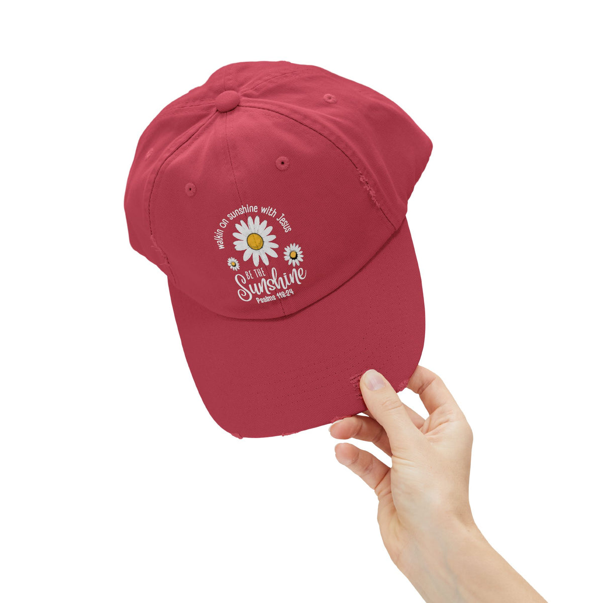 Walking on Sunshine Distressed Daisy Cap — "Be the Sunshine"  Mom and Dad Hat Psalms‬ ‭118‬:‭24