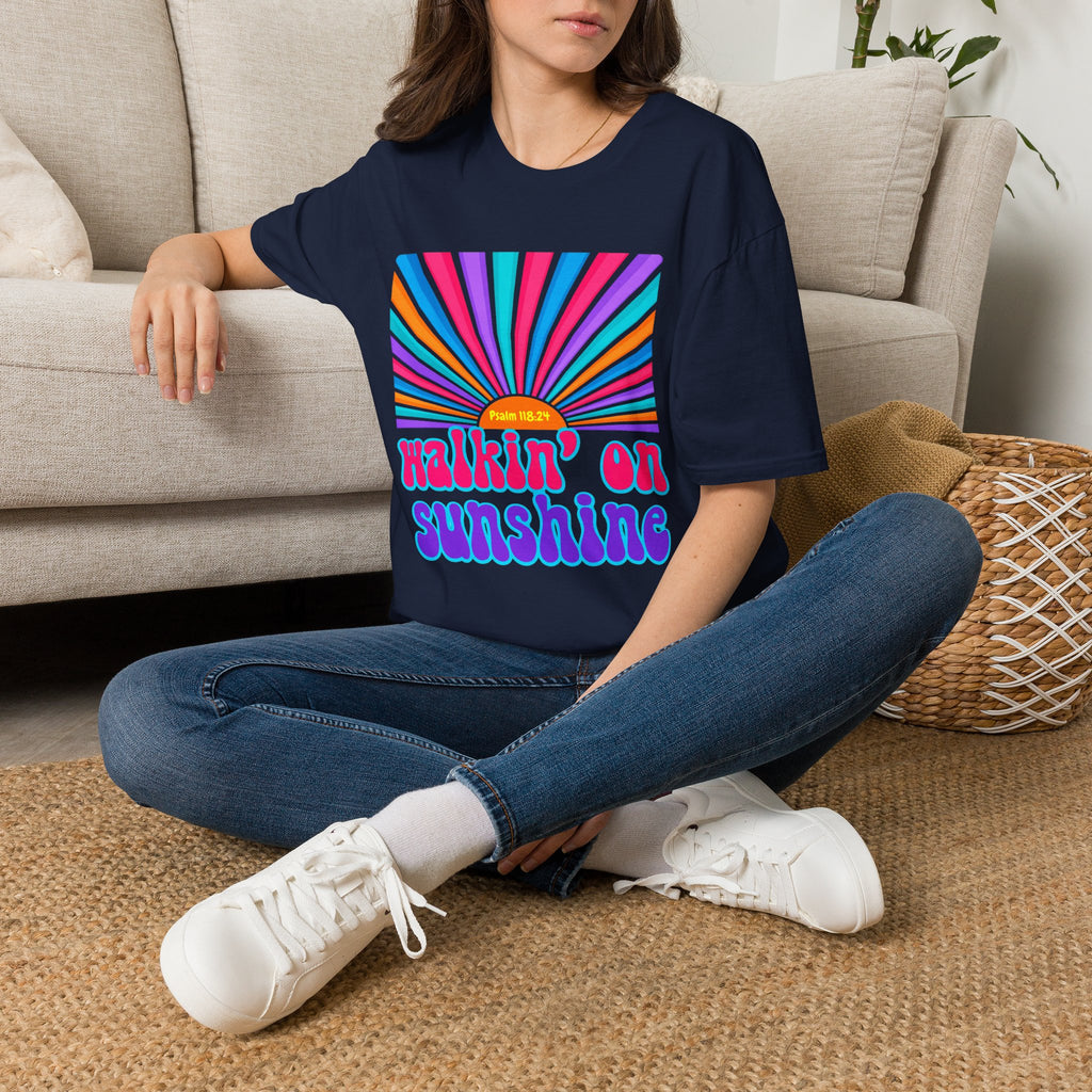 Walkin' On Sunshine Lords Glory with Lori Psalm 118:24 Retro T-Shirt — 70s Rainbow Sun Graphic Tee