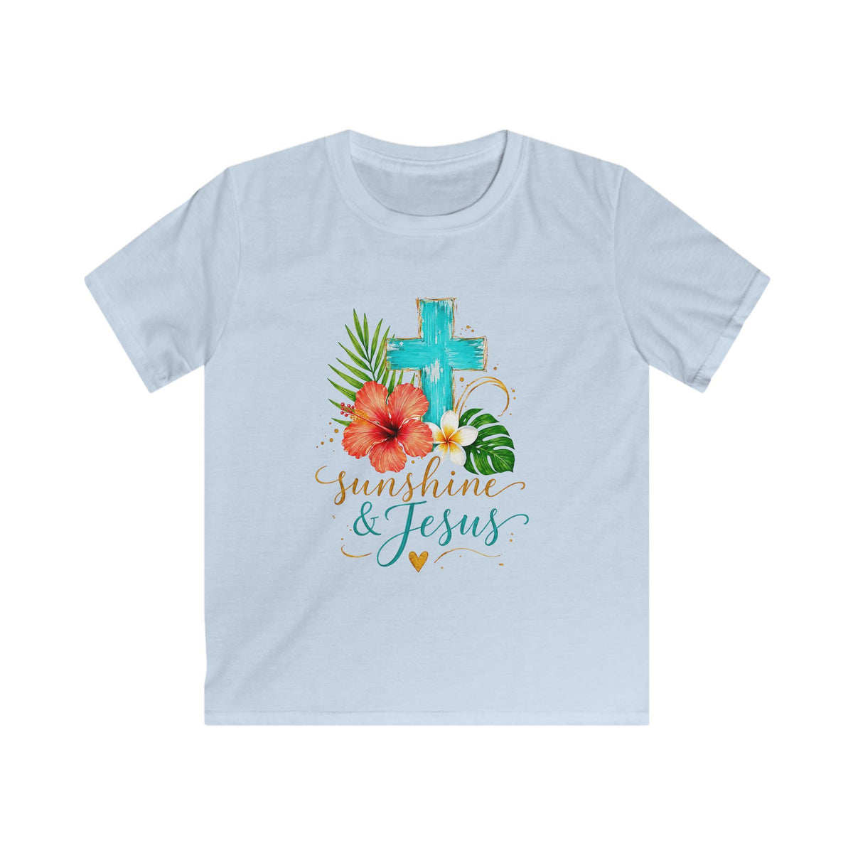 Kids Tee — Sunshine & Jesus Floral Cross Christian Graphic