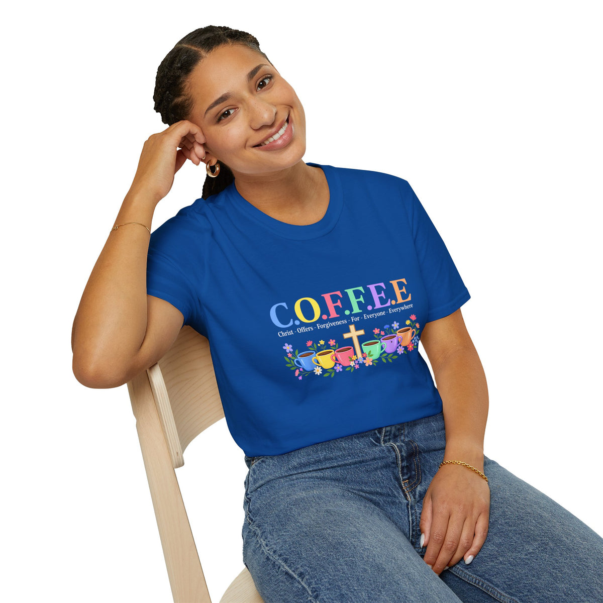 Coffee Lover Floral Graphic - C.o.f.f.e.e. (Christ - Offers - Forgiveness - For Everyone - Everywhere)  Softstyle T-Shirt
