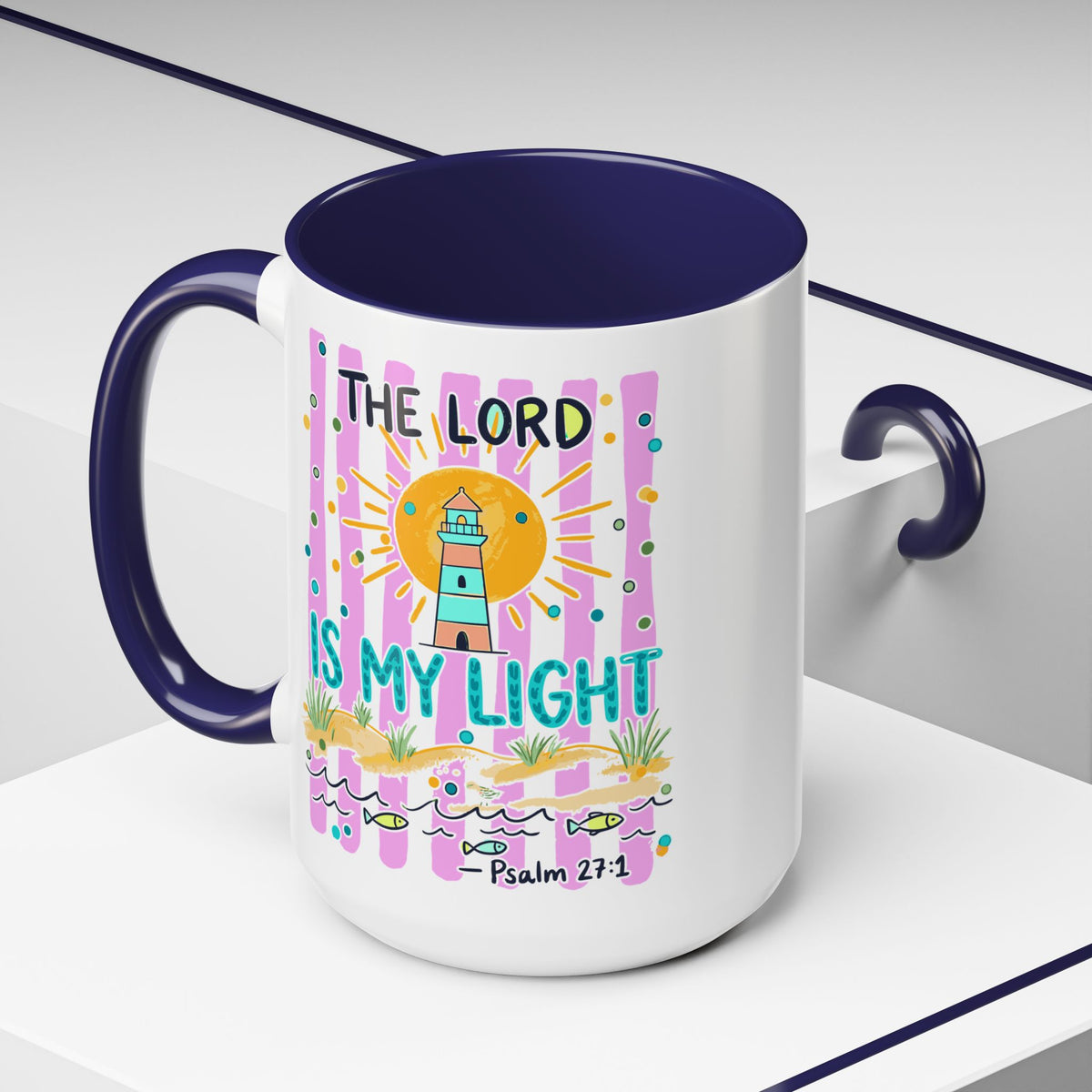 Christian Coffee Mug - "The Lord Is My Light" Lighthouse Psalm 27:1 Accent Mug