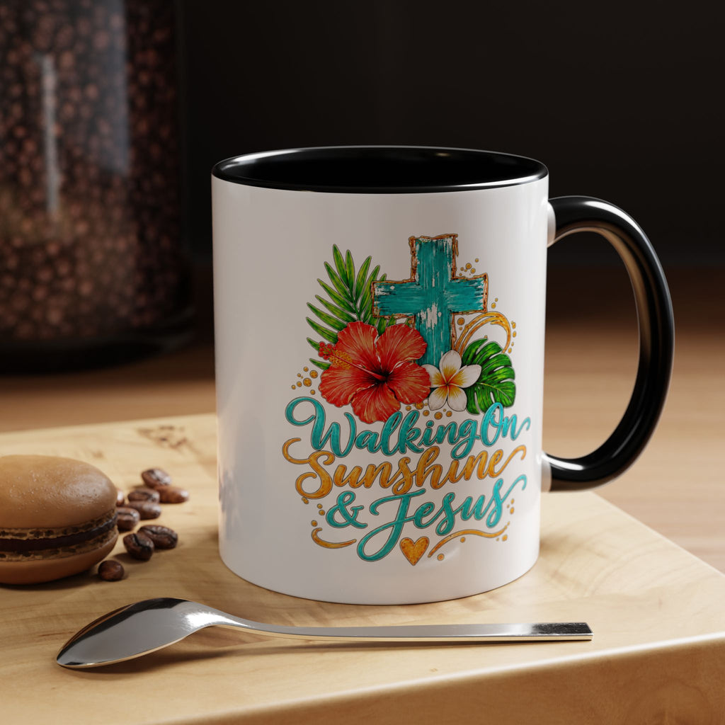 Walking on Sunshine & Jesus Coffee Mug – Floral Cross Accent Mug