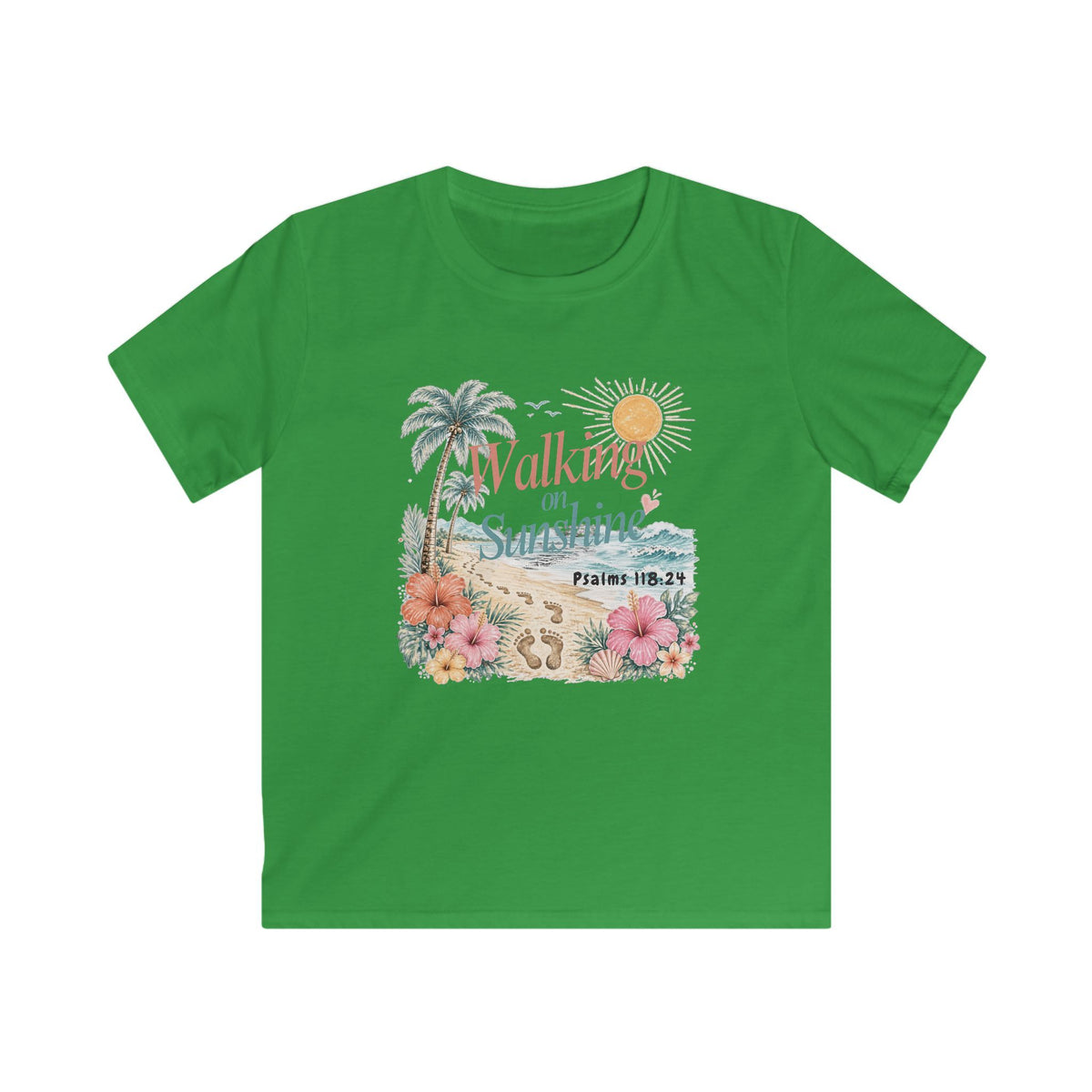 Kids Tee — "Walking in Sunshine" Floral Palm Beach Christian T‑Shirt (Psalm 118:24)