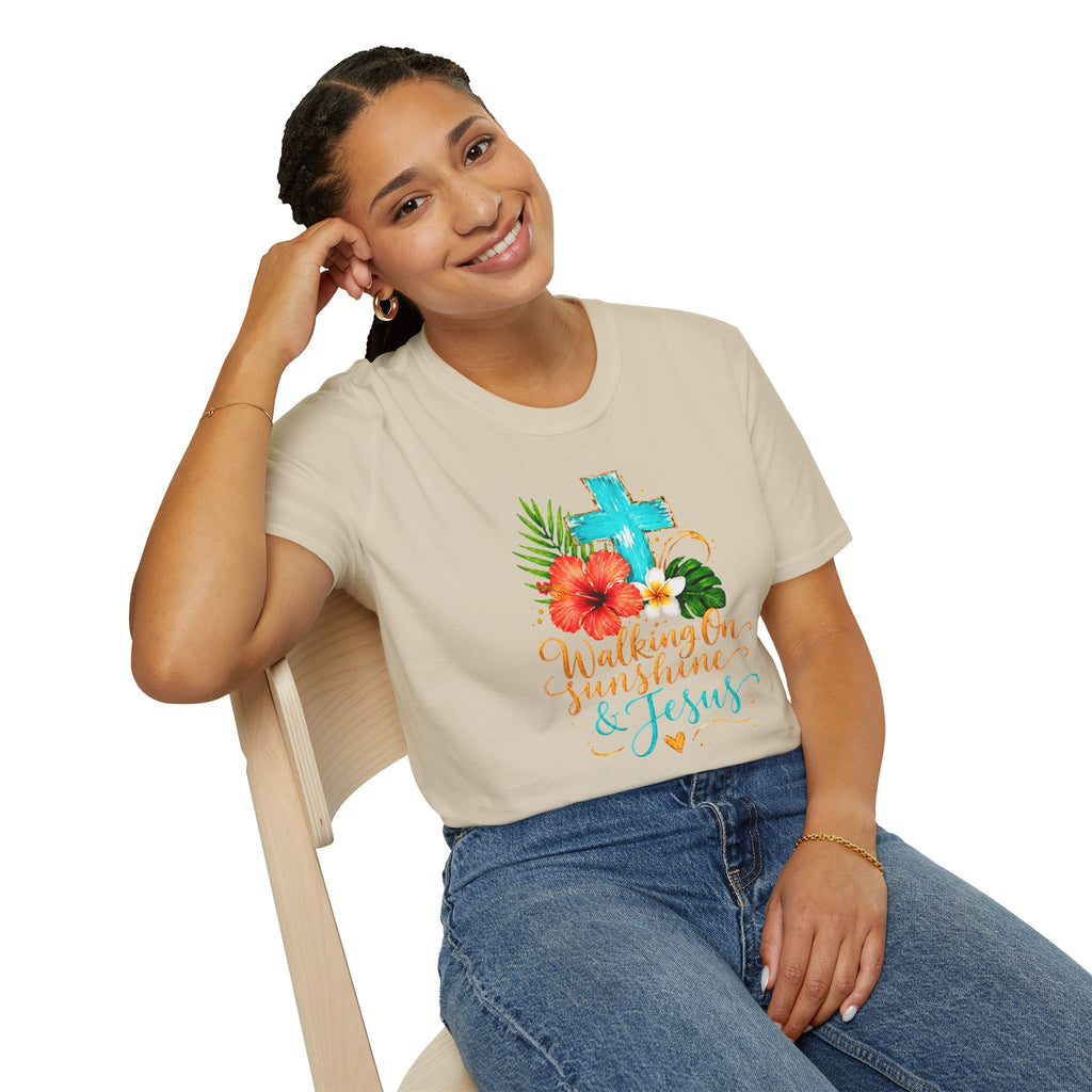 Walking on Sunshine & Jesus Floral Cross T-Shirt