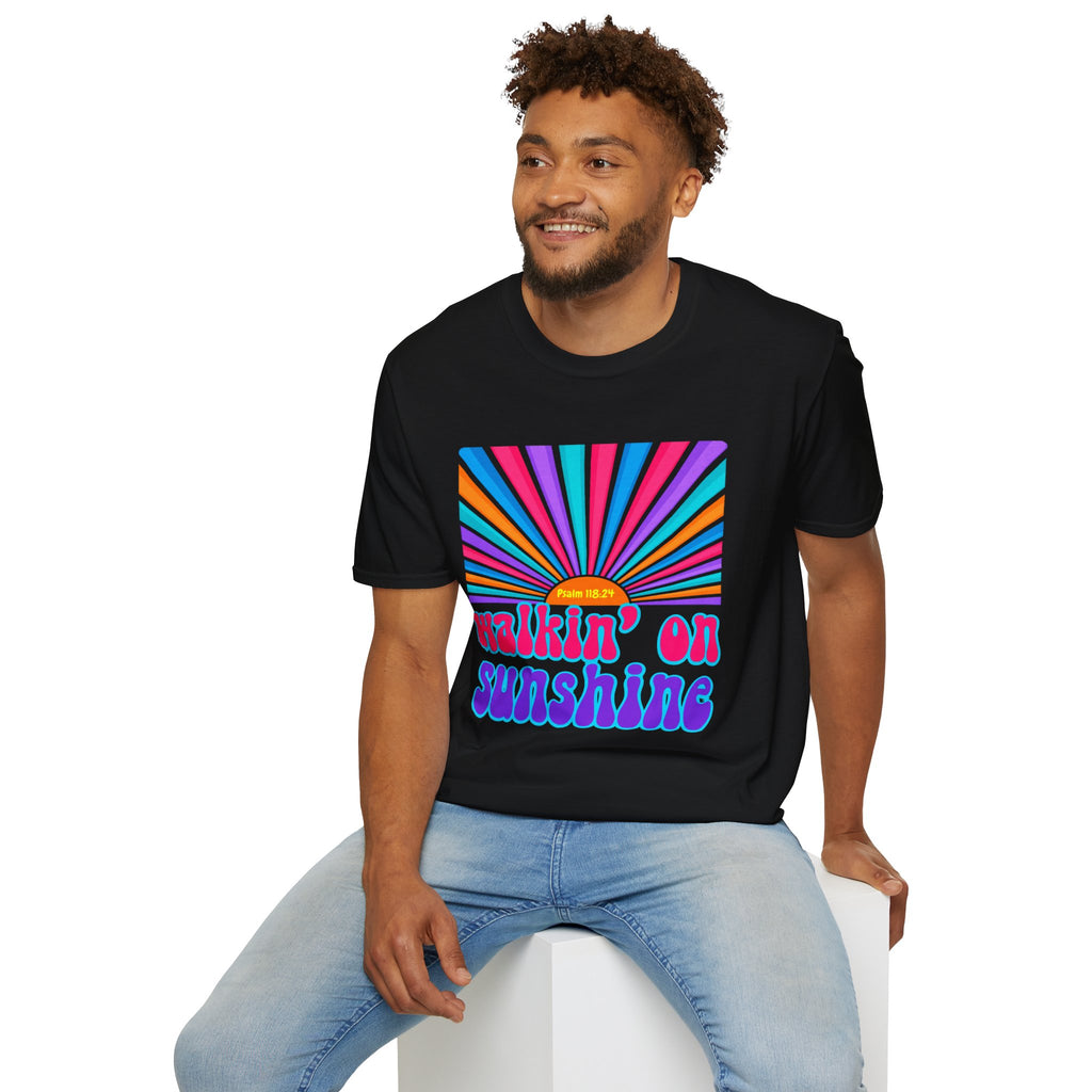 Walkin' On Sunshine Lords Glory with Lori Psalm 118:24 Retro T-Shirt — 70s Rainbow Sun Graphic Tee