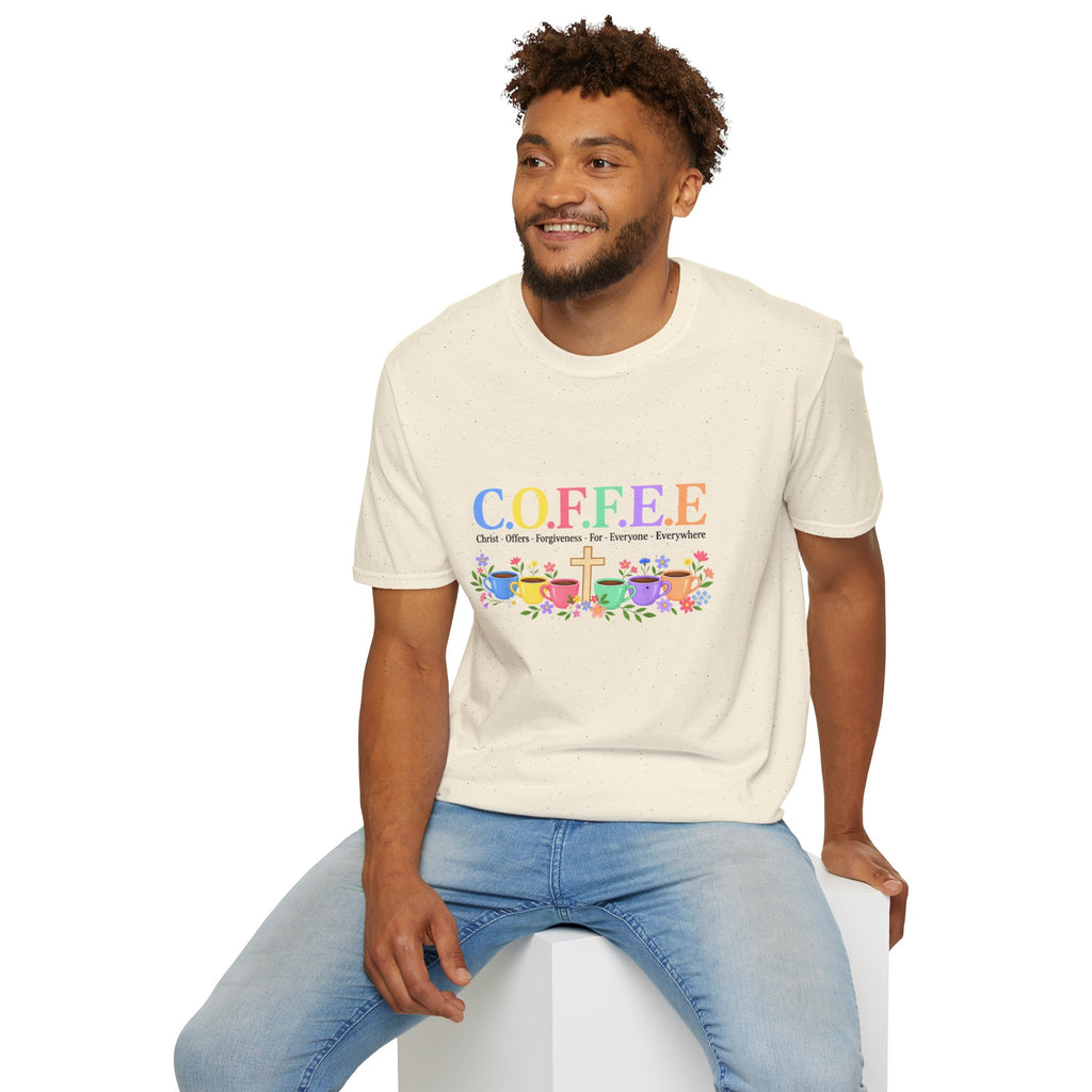 Coffee Lover Floral Graphic - C.o.f.f.e.e. (Christ - Offers - Forgiveness - For Everyone - Everywhere)  Softstyle T-Shirt