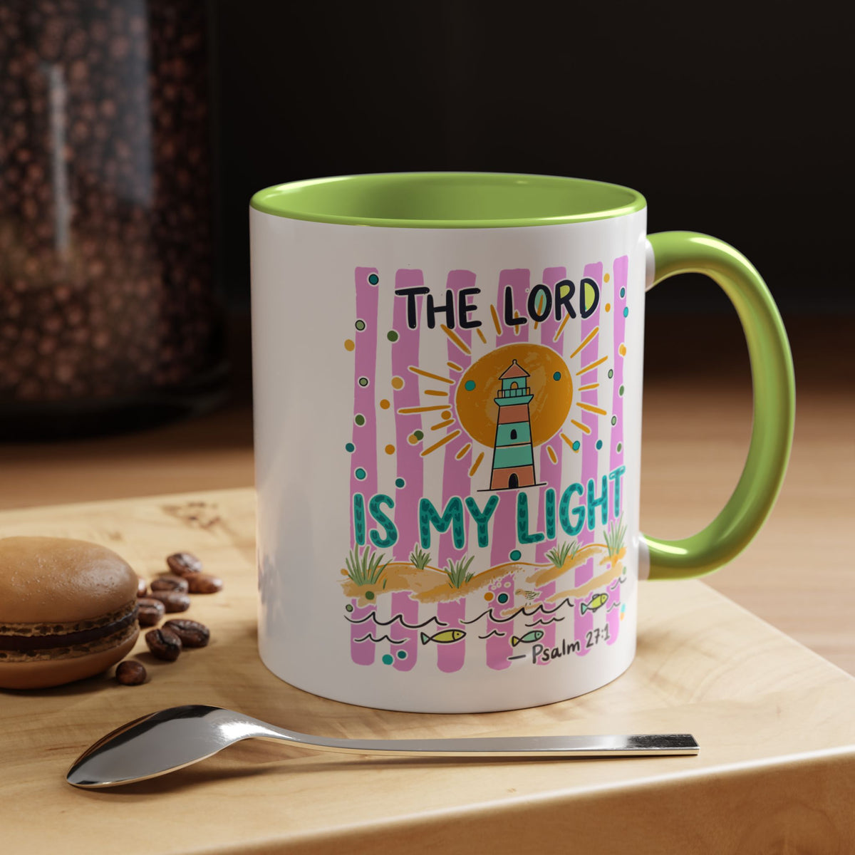 Christian Coffee Mug - "The Lord Is My Light" Lighthouse Psalm 27:1 Accent Mug