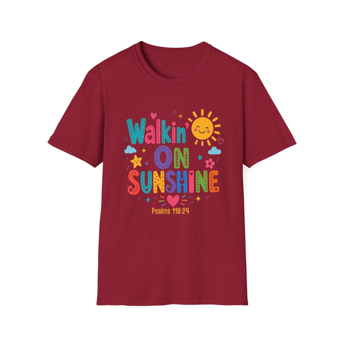 T-Shirt — "Walkin' on Sunshine" Bright Retro Sun Graphic Tee ‭‭Psalms‬ ‭118‬:‭24‬ ‭