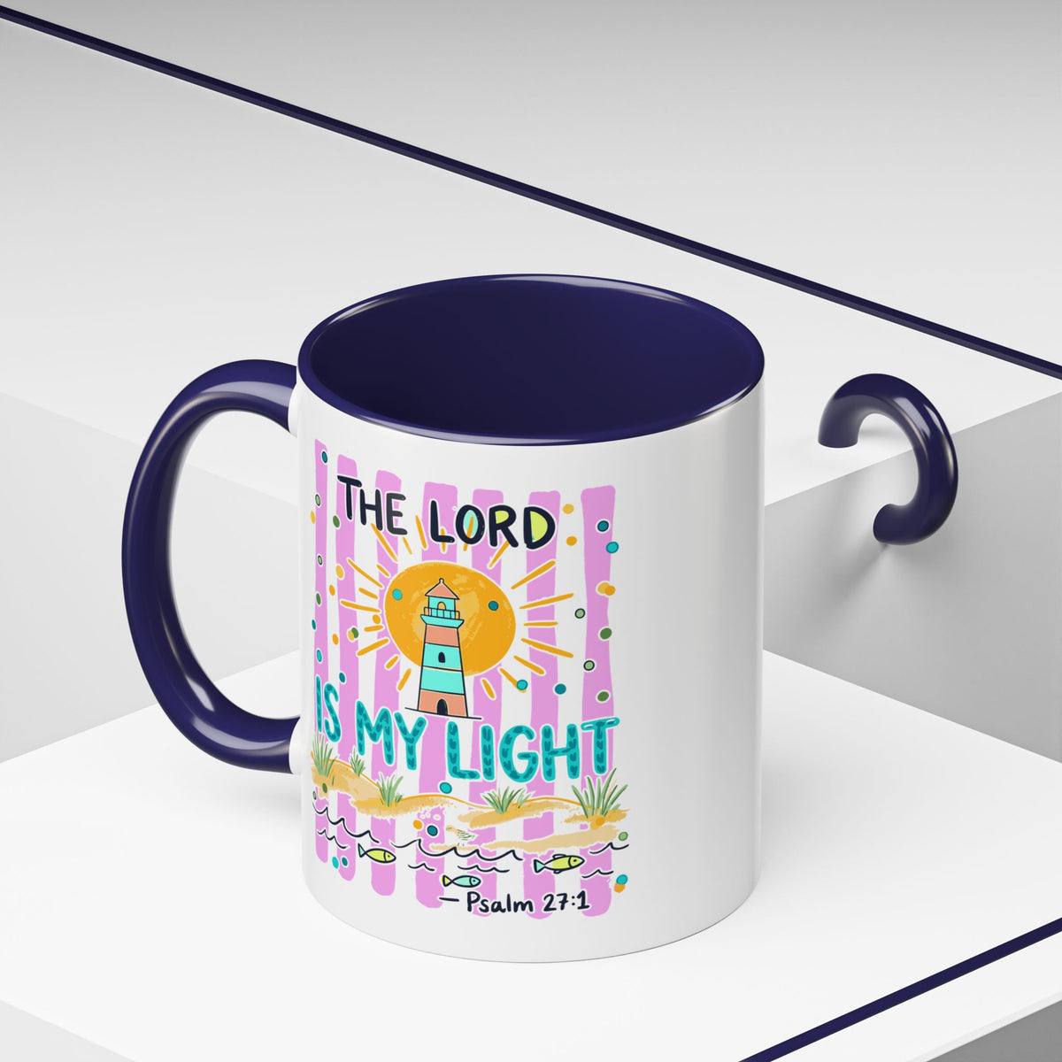 Christian Coffee Mug - "The Lord Is My Light" Lighthouse Psalm 27:1 Accent Mug