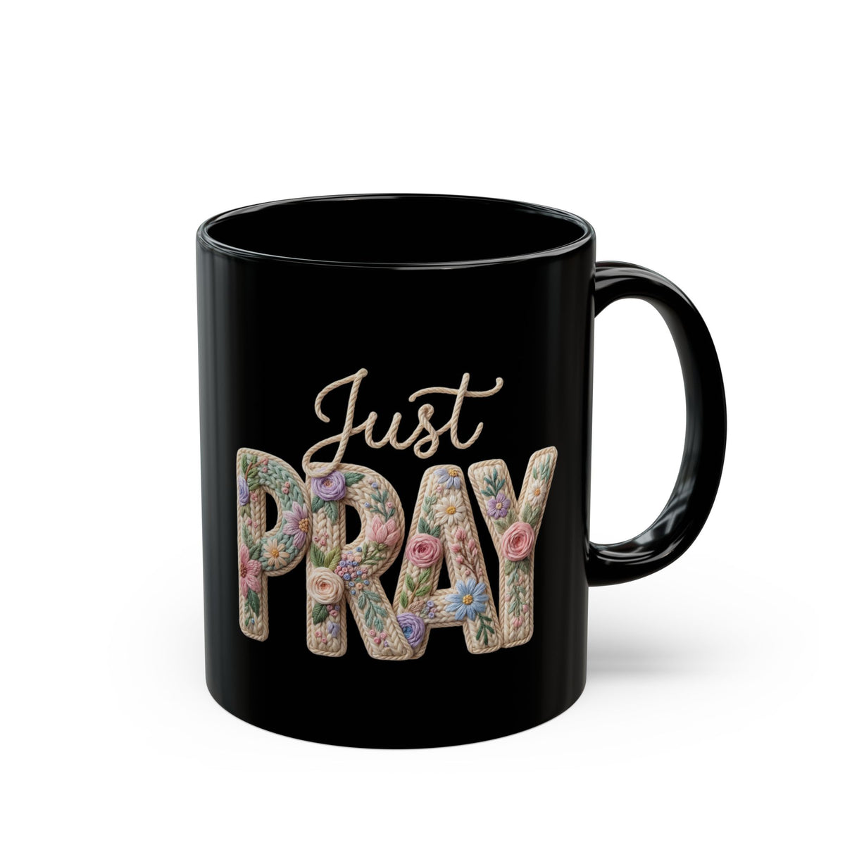 Just Pray floral typography Mug | Black coffee cup