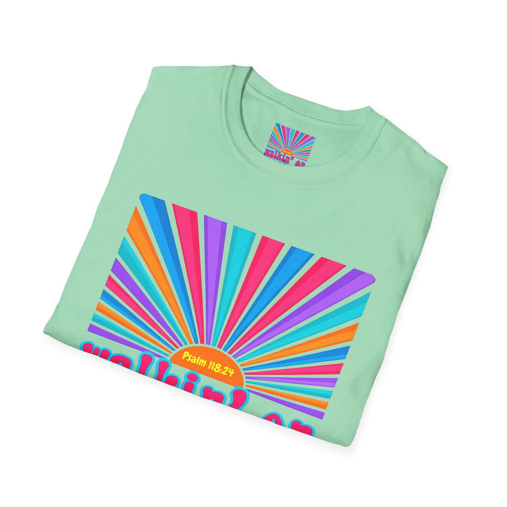 Walkin' On Sunshine Lords Glory with Lori Psalm 118:24 Retro T-Shirt — 70s Rainbow Sun Graphic Tee
