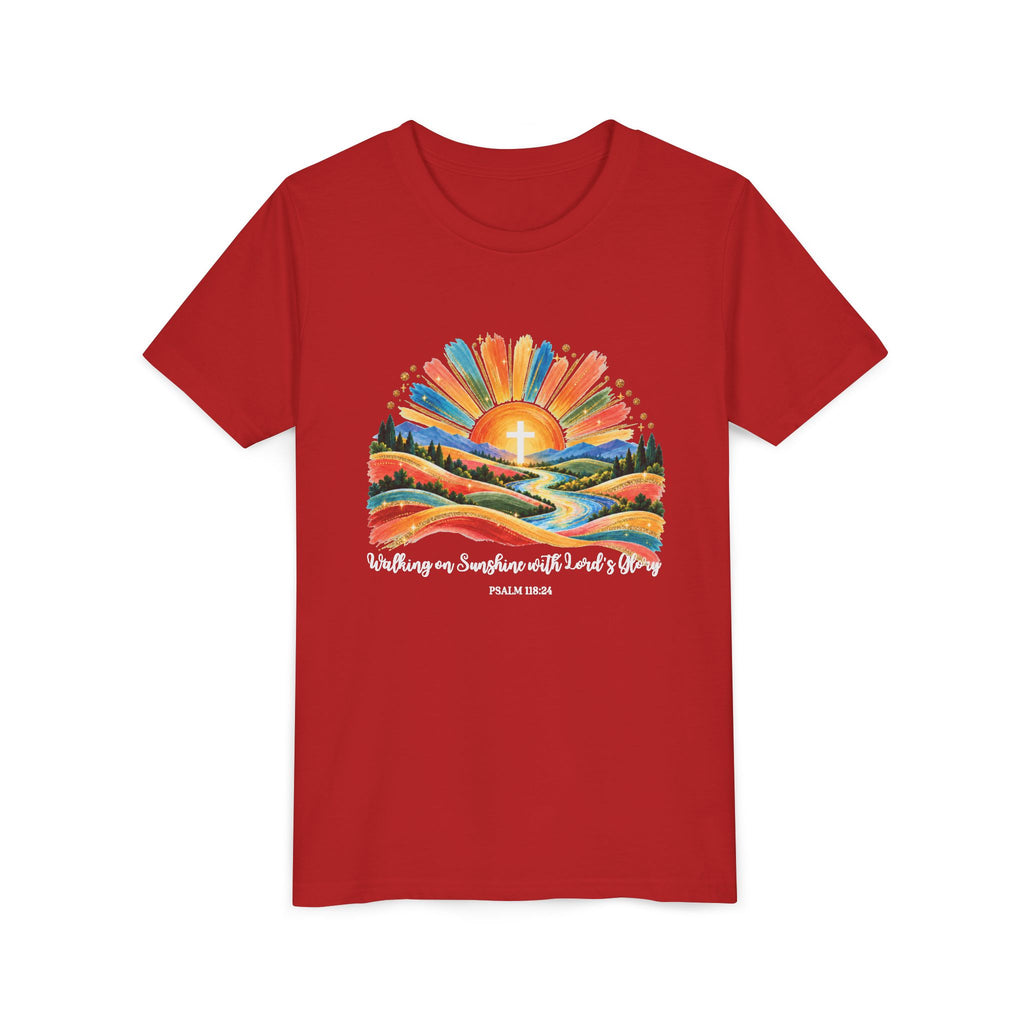 Youth Short Sleeve Tee – Walking On Sunshine with Lords Colorful Christian Sunrise Faith Shirt