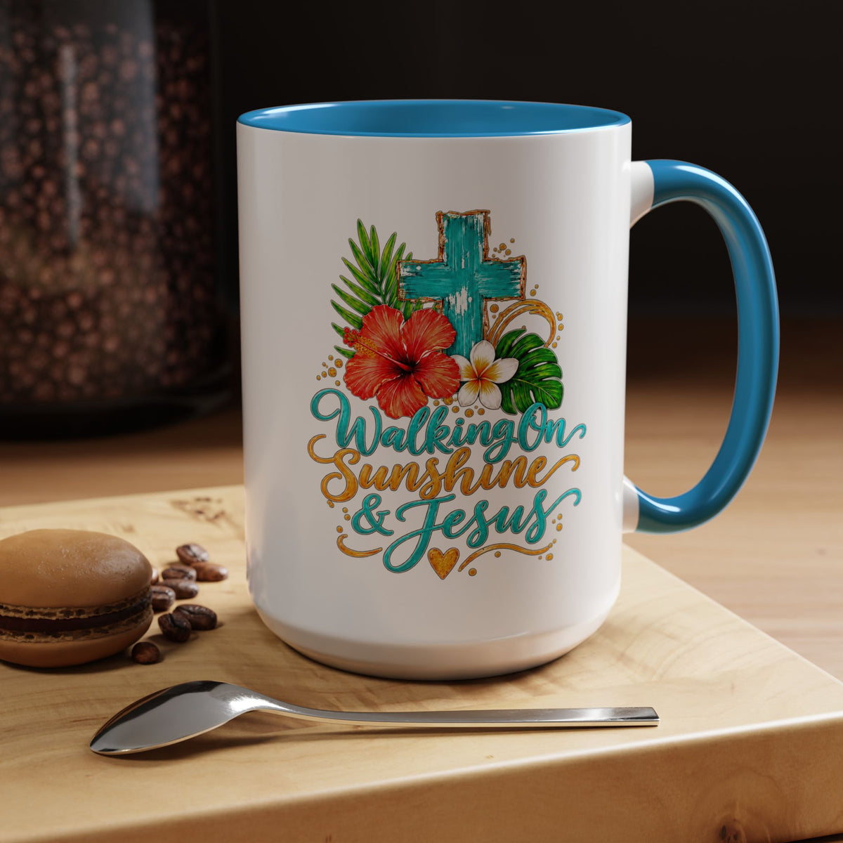 Walking on Sunshine & Jesus Coffee Mug – Floral Cross Accent Mug