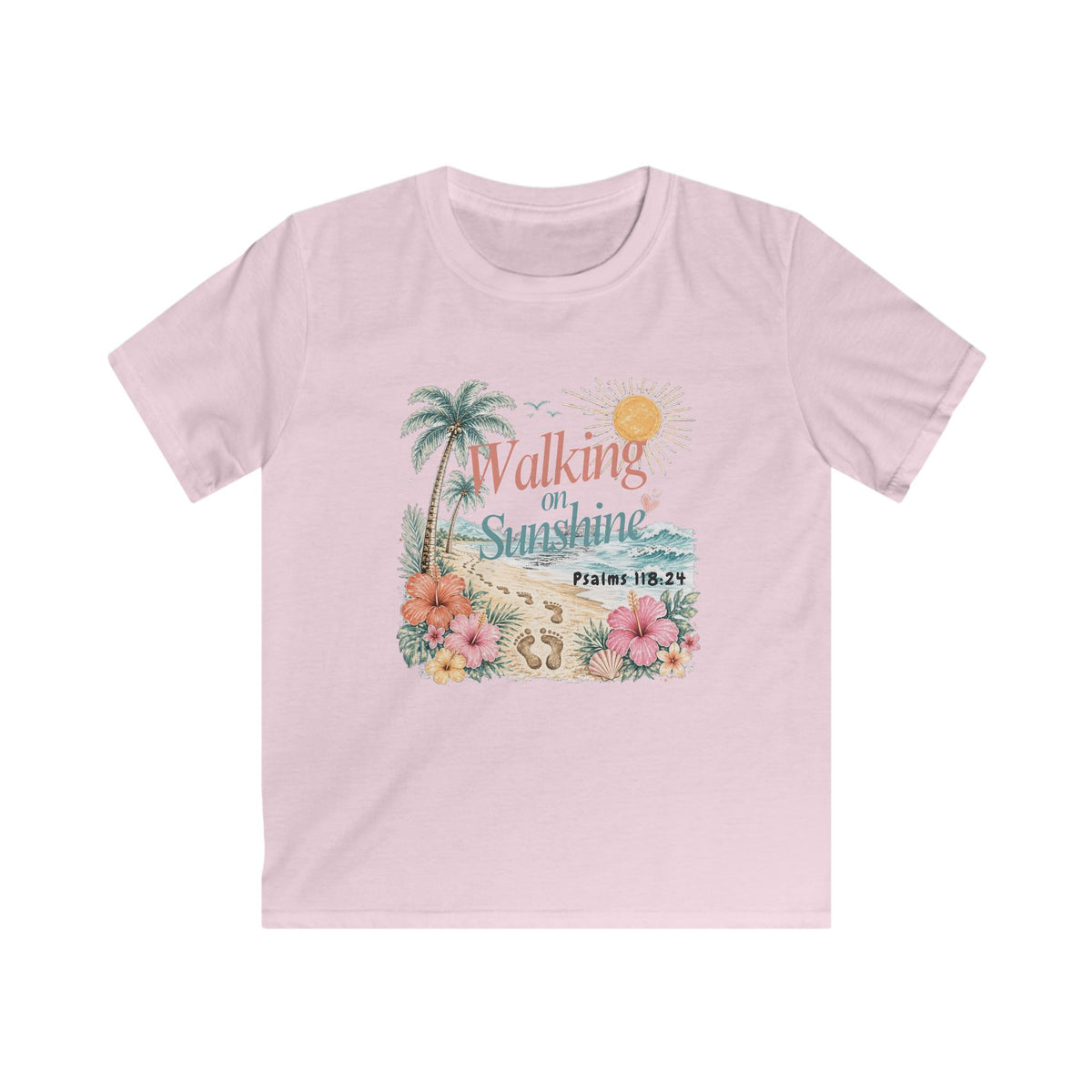 Kids Tee — "Walking in Sunshine" Floral Palm Beach Christian T‑Shirt (Psalm 118:24)