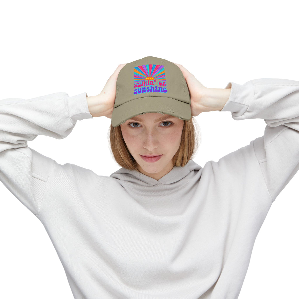 Walking On Sunshine Distressed Cap — Lords Glory with Lori Retro Rainbow Sun Trucker Hat