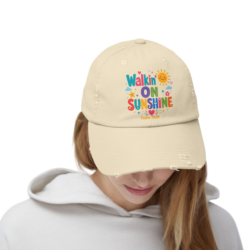 Distressed Cap — "Walkin' on Sunshine" Retro Sunshine Baseball Hat Psalm 118:24