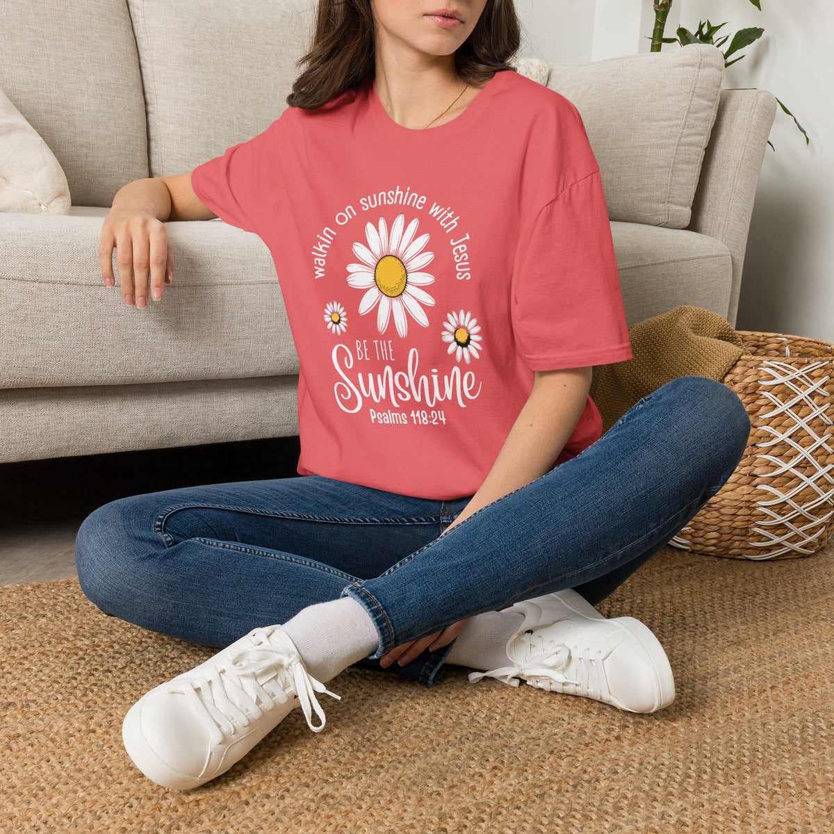 Be the Sunshine Daisy T-Shirt — "Walkin' on Sunshine with Jesus" Christian Tee (Psalm 118:24)
