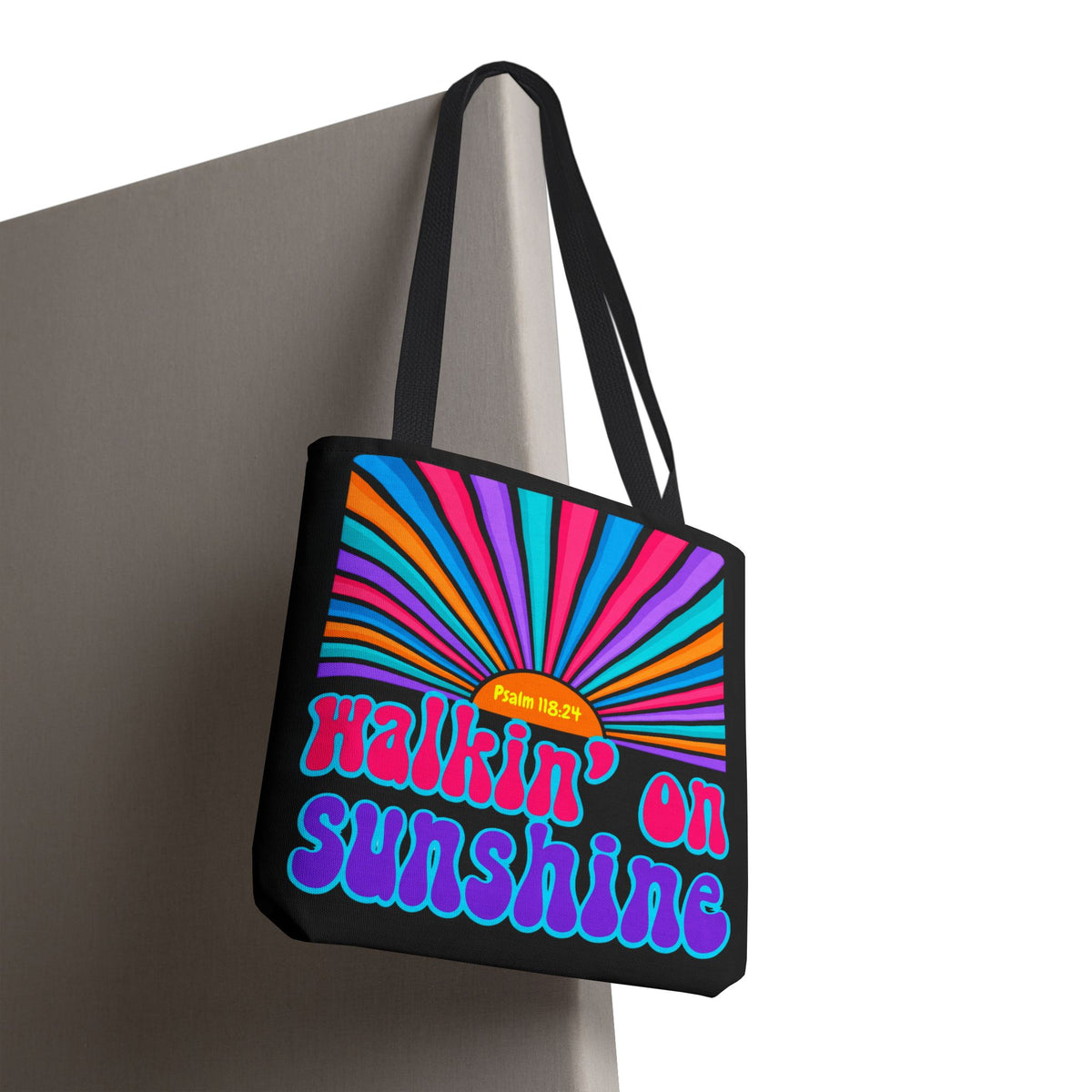 Lords Glory Sunrise Graphic Tote Bag — “Walkin' on Sunshine” Retro Psalm 118:24 Cotton AOP
