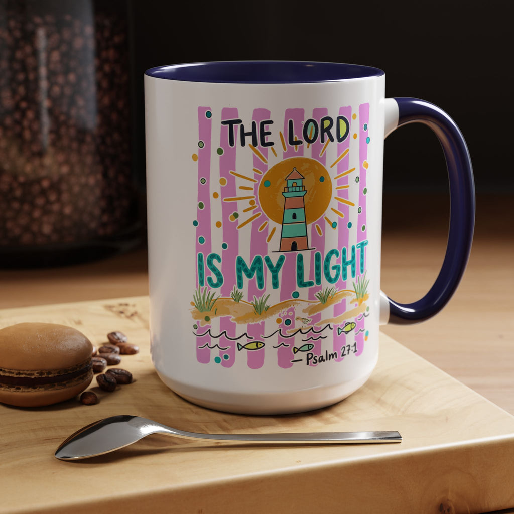 Christian Coffee Mug - "The Lord Is My Light" Lighthouse Psalm 27:1 Accent Mug